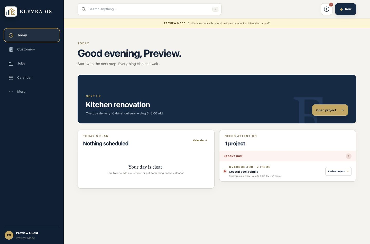 Elevra OS Today dashboard showing project priorities, schedule, and items needing attention
